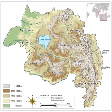 24x24in Poster Elevation map of the Amhara Region in Ethiopia and subdivisions