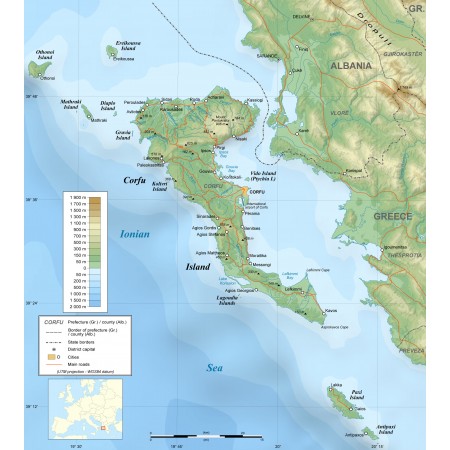 24x26in Poster Topographic map in English of the Corfu island area in Greece