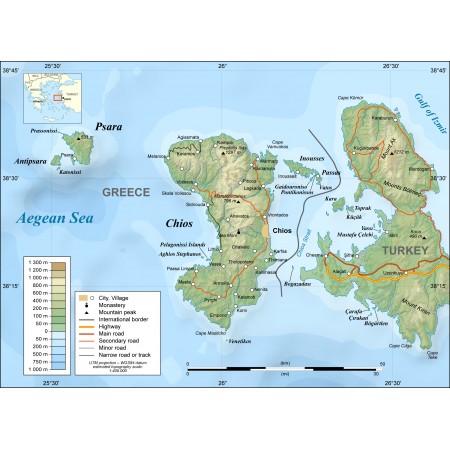 32x24in Poster Topographic map in English of Chios and Psara islands, Aegean Sea, Greece