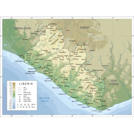 31x24in Poster Topographic Map of Liberia