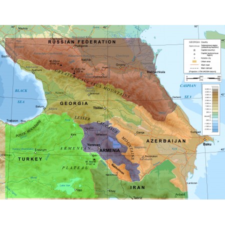 30x24in Poster Caucasus topographic map with border colors-en