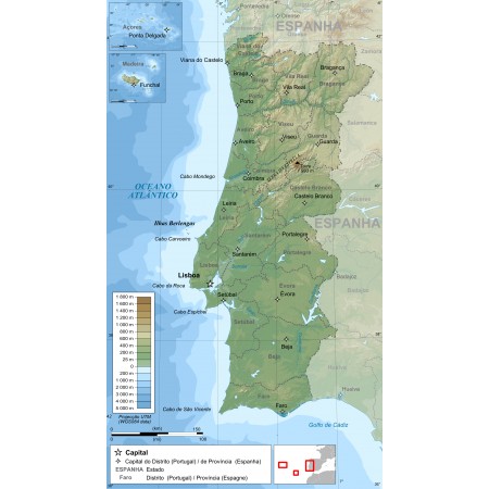 24x42in Poster Topographic and administrative map in Portuguese of Portugal