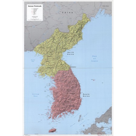 24x36in Poster Topographic Political Map of Korean Peninsula