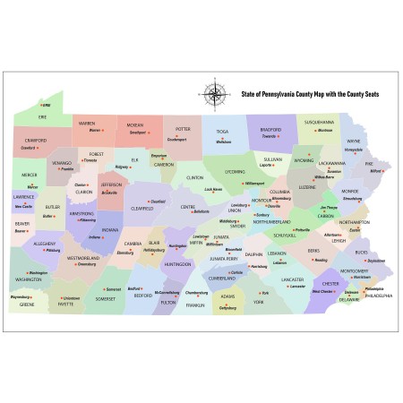 36x24in Poster State of Pennsylvania County Map with the County Seats