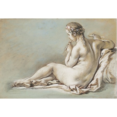 34x24in Poster François Boucher - A Nude Woman Playing a Flute. Chalk