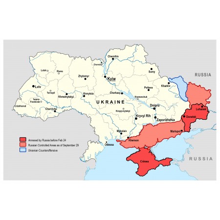 36x24in Poster Map of Russo-Ukraine Conflict. Illegal Annexation, Ukrainian Counteroffensive