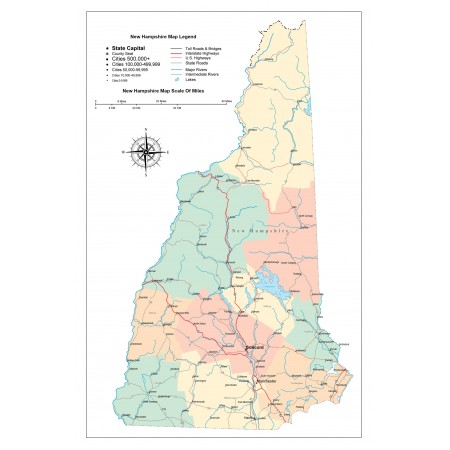 24x36in Poster New Hampshire Road Map