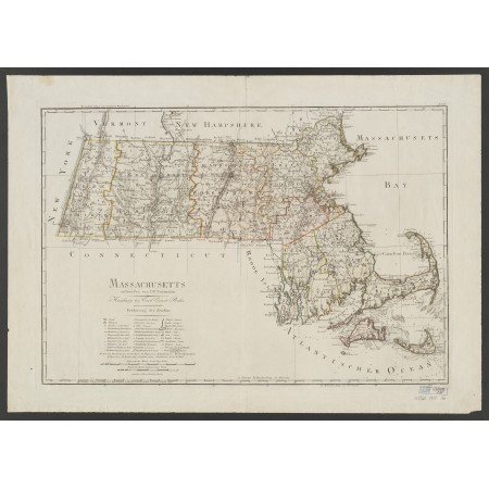 33x24in Poster Map of Massachusetts ca. 1797 by D.F. Sotzmann produced for Christoph Ebeling's Erdbeschreibung von Amerika