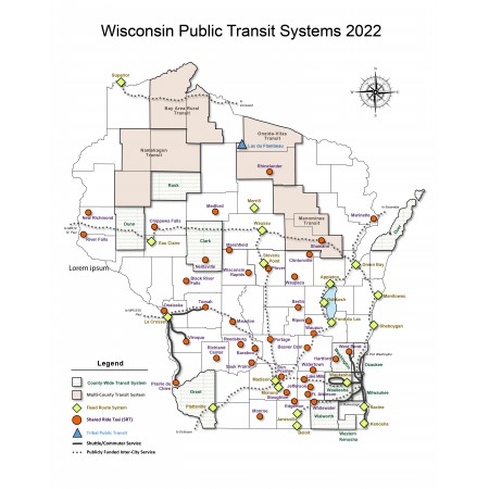 24x30in Poster Wisconsin Public Transit Systems Map 2022
