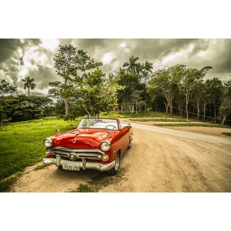 Cuba Oldtimer Old Car Forest 36"x24" Photographic Print Poster Red Travel Car 