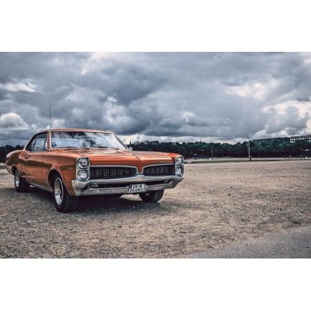 Red Car On Brown Field Under Cloudy Sky 24"x16" Photographic Print Poster