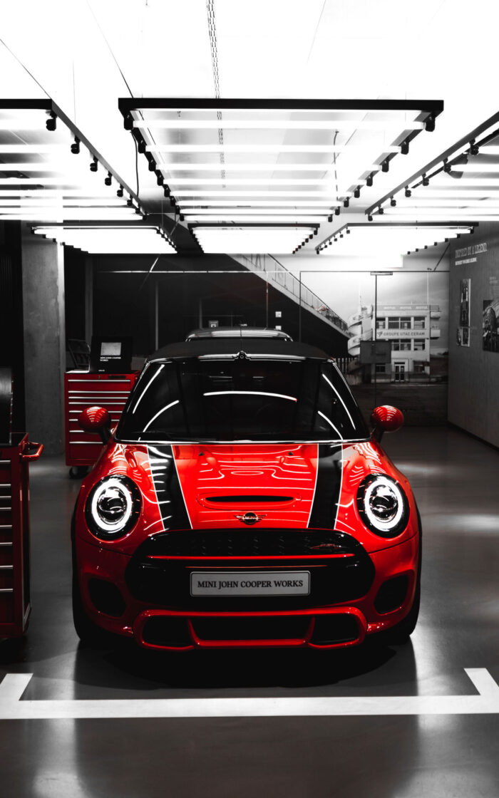 Red And Black Mini Cooper On Parking Area Photographic Print Poster