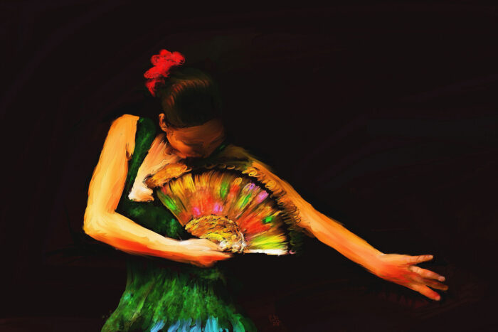 Dibujado Art Print Poster - The Flamenco Dancer's Fan Baile Danza Chicas