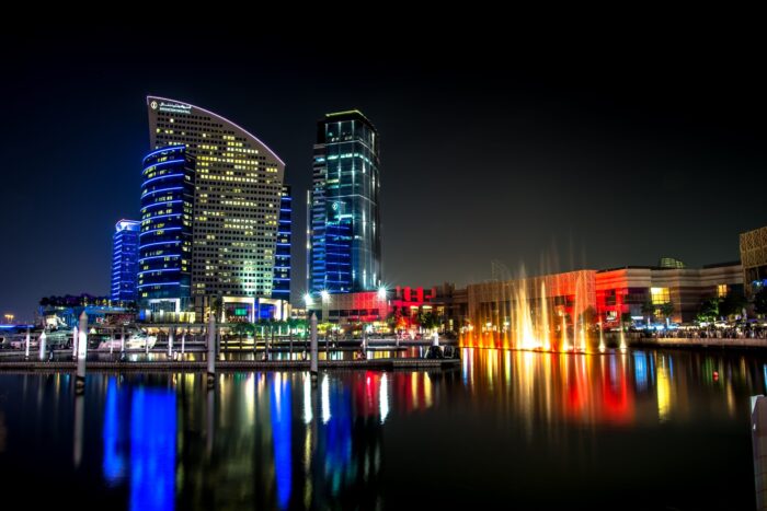 Buildings City Dubai Lake Night Reflection Water