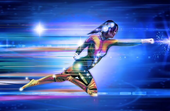 Photographic Print Poster Superhero Girl Speed Runner Running Lights Space