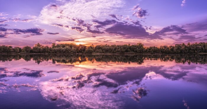 Nature Panorama Lake Sunset Clouds Skies