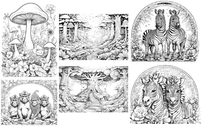 Collage of six illustrations designed for children coloring, depicting scenes from a fantasy world. Zebras, Monkey, Mushrooms. Coloring tablecloth