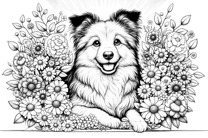 Shetland Sheepdog Sheltie surrounded by an assortment of flowers Coloring posters