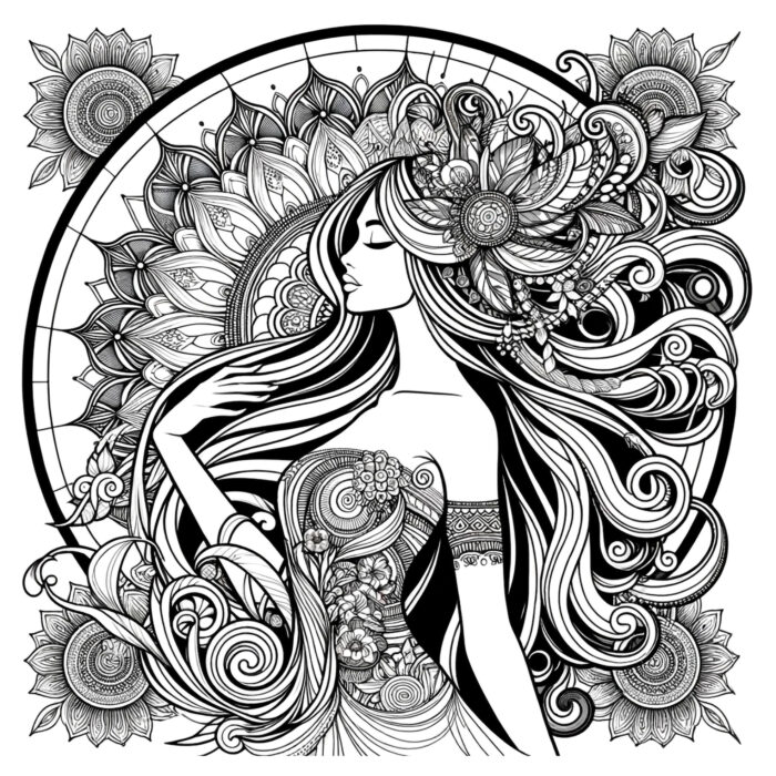 Poster Mandala Style Young Woman Illustration for Adults Coloring encapsulated within a circular mandala frame with rich with floral motifs [20"x20"]