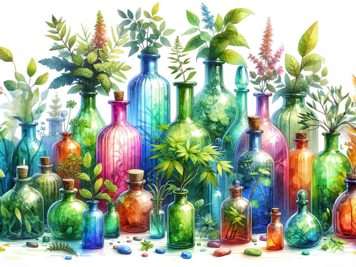 Enchanted Botanicals multiple colorful glass bottles and plants