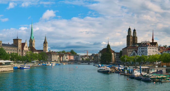 View of Zurich from the Quaibr?cke, The towers of Fraum?nster, Grossm?nster and St. Peter downstream the Limmat river