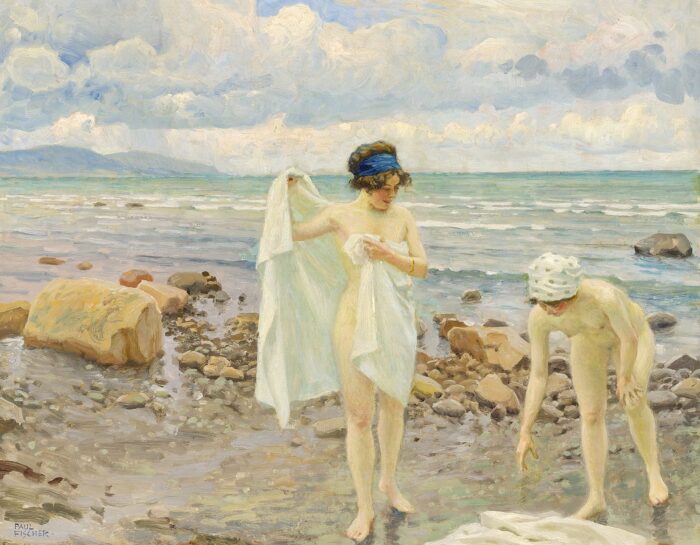 Paul Fischer - The bathers. Two young women on a beach. To unge kvinder pa stranden