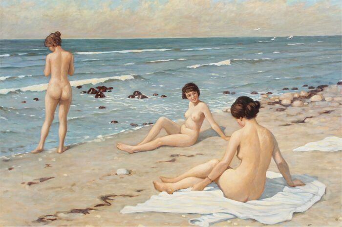 Paul Fischer - Strandparti med badende kvinder. Beach scenery with bathing women