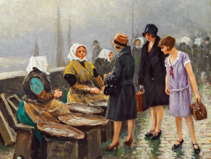 Paul Fischer - Three young ladies buying fresh fish at Gammel Strand, Copenhagen.