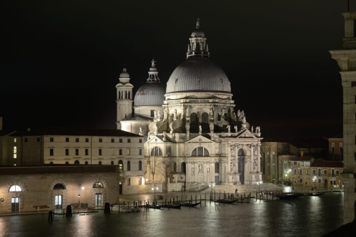 Night view of Santa Maria della Salute basilica in Venice