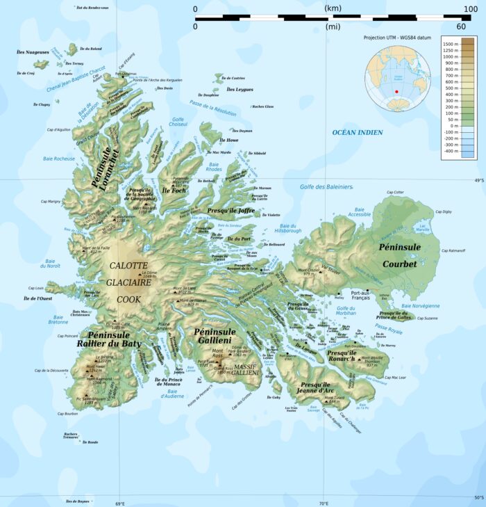 24x24in Poster Topographic map-fr of the Kerguelen Islands, Indian Ocean, France.