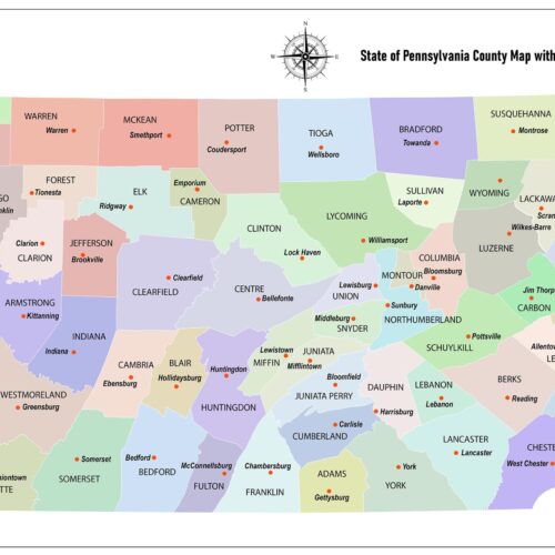 State of Pennsylvania County Map with the County Seats