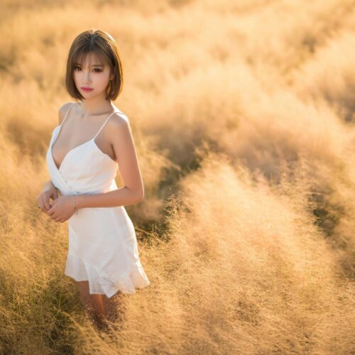 Sensual Asian woman in grassy summer field, soft sunlight, fine art photography print
