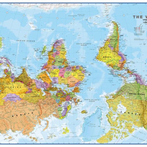 upside-down world map poster designed as a playful and unexpected wall art piece that sparks curiosity and conversation