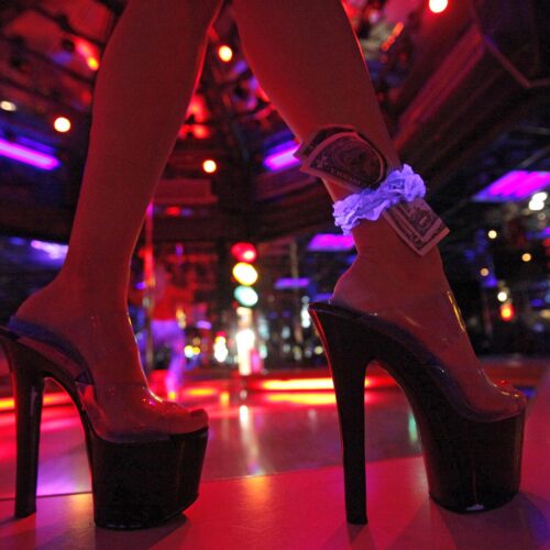 Pole dance glamour poster with high heels and dramatic legs composition
