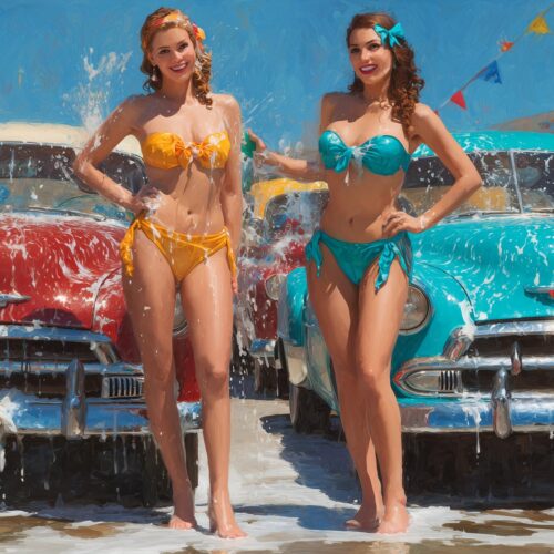 Retro bikini car wash poster with two women and classic cars