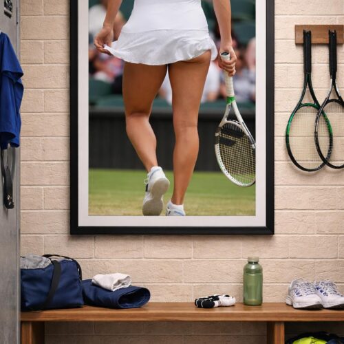 Sexy Camila Giorgi tennis poster featuring the athletic siren in a short court outfit, bold and provocative professional sports photography.
