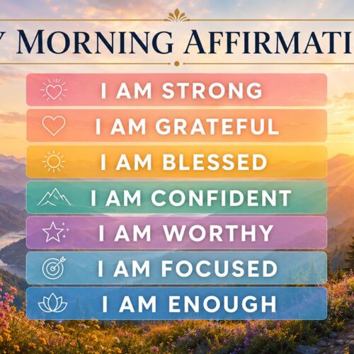 Modern morning affirmations poster featuring a glowing sunrise over peaceful mountains, elegant bold typography reading “MY MORNING AFFIRMATIONS”