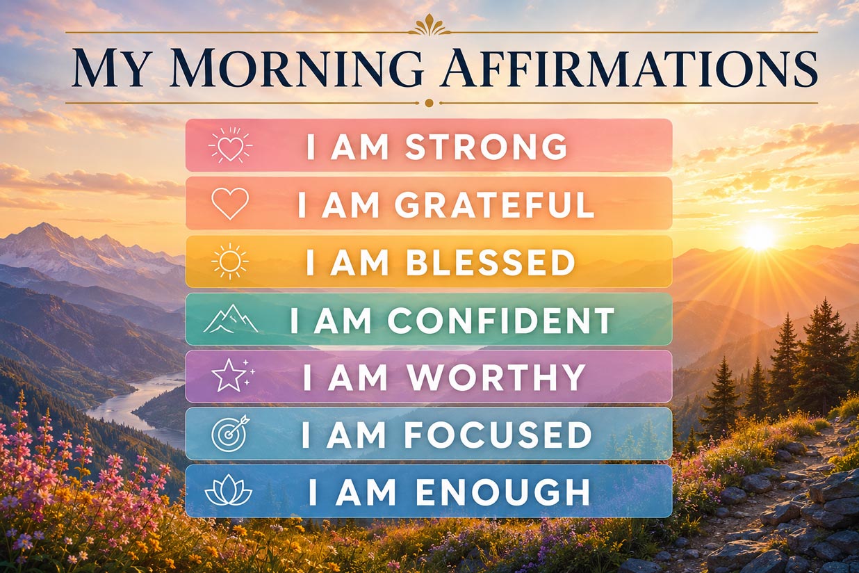 Modern morning affirmations poster featuring a glowing sunrise over peaceful mountains, elegant bold typography reading “MY MORNING AFFIRMATIONS”