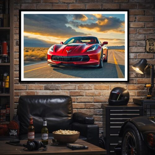 Poster of a red Chevrolet Corvette sports car driving on a desert highway at sunset with mountains and dramatic sky