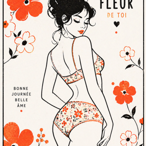 Retro floral woman poster with minimalist black line art, orange flowers, French typography, and feminine vintage style