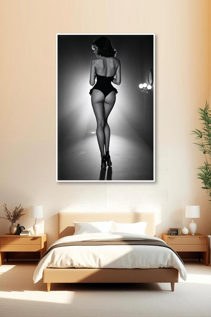 Black and White Vintage Pin-Up Poster – Long Legs Fishnet Glamour Art - Image 2