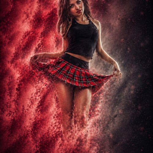 Woman model in red smoke with black crop top and plaid skirt glamour poster