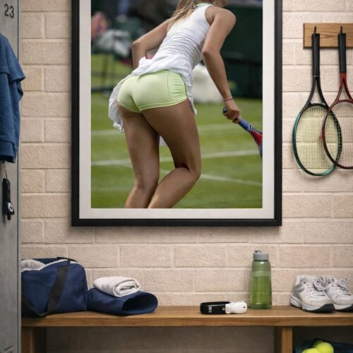 Elite and alluring Maria Sharapova tennis poster featuring the champion in a short court outfit, bold and provocative professional sports photography.