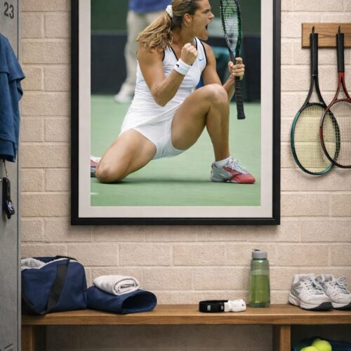 Chic and cheeky tennis athlete photo print featuring a playful court-side moment, bold and provocative professional sports photography.