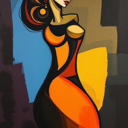 Female figure Abstract Woman in Orange Dress Picasso inspired Cubism