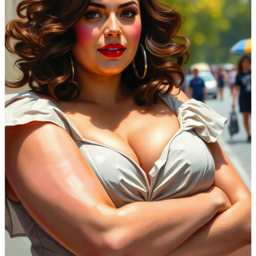 Vivid and voluptuous urban muse portrait featuring a confident woman with curly brown hair in a bold street-style setting