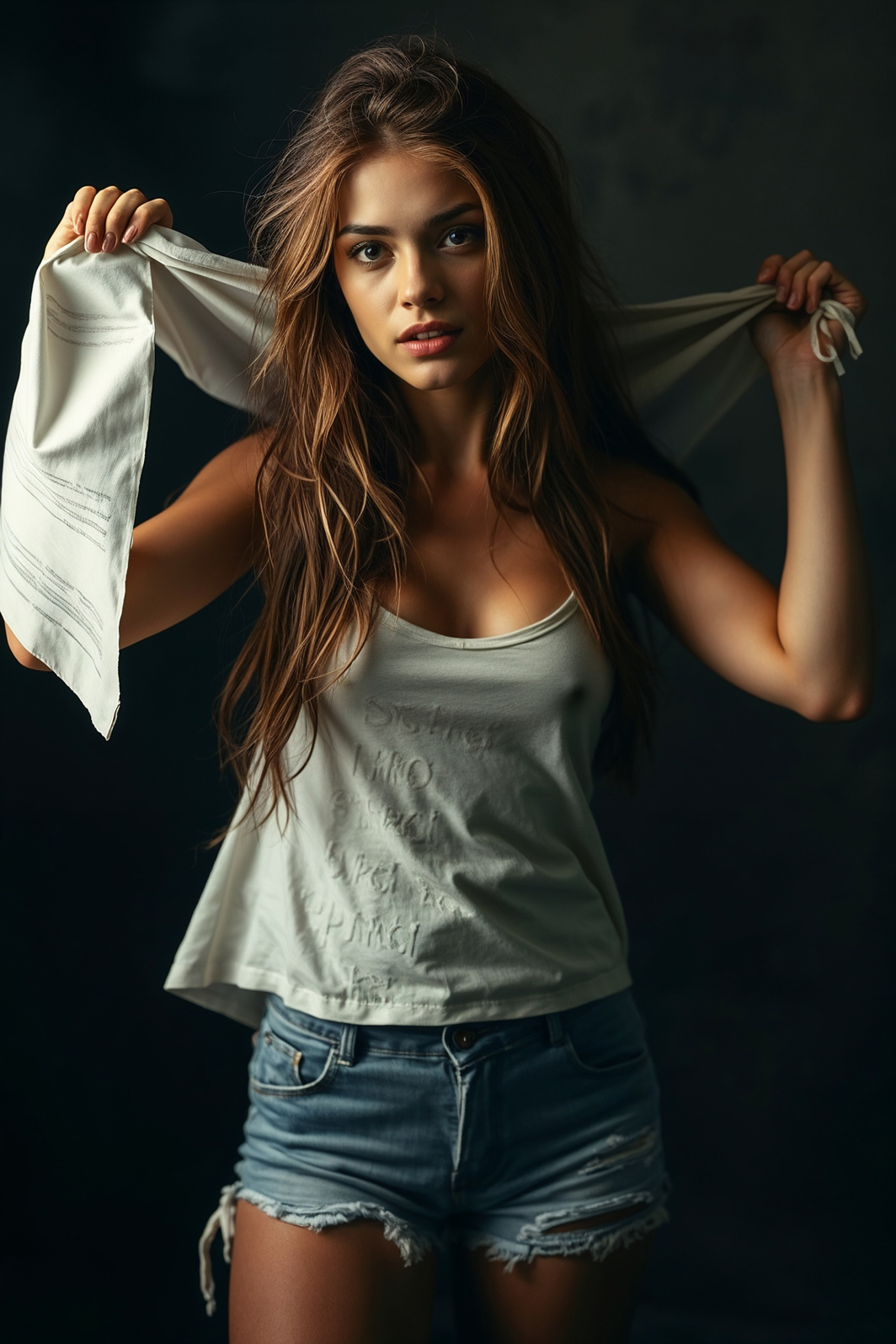Stylish woman in sheer tank top and denim shorts under soft studio light, fashion photography print