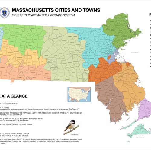 Image of 36x24in Massachusetts map with color-coded counties, showing the distinct colors for each county
