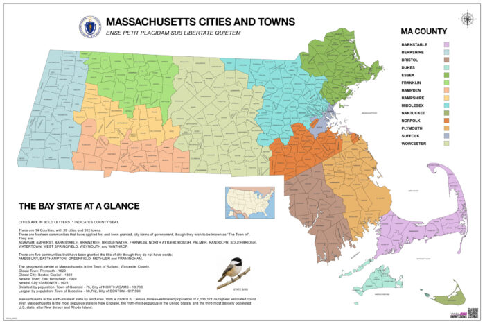 Image of 36x24in Massachusetts map with color-coded counties, showing the distinct colors for each county