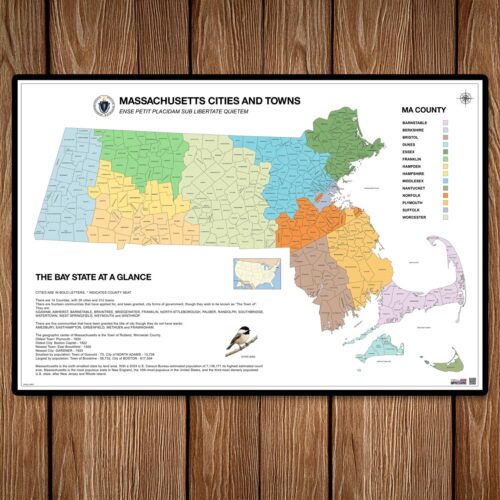 Detailed color-coded map of Massachusetts showing all 14 counties, cities, towns, and county seats with state bird illustration.